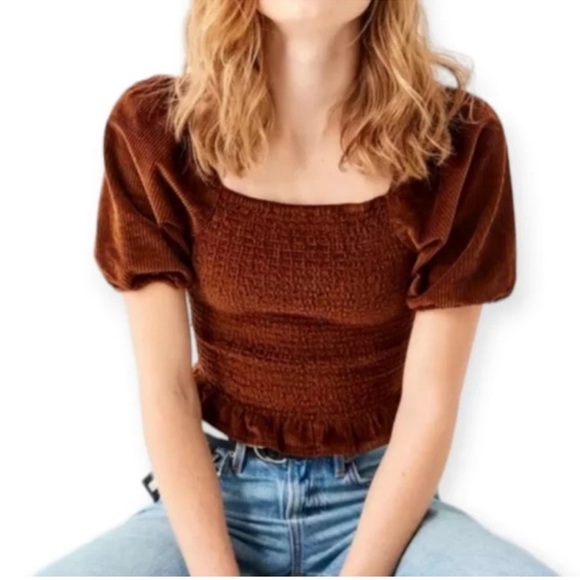American Eagle women’s crop top brown corduroy Puffy Sleeve NWT size XXL - Picture 3 of 12